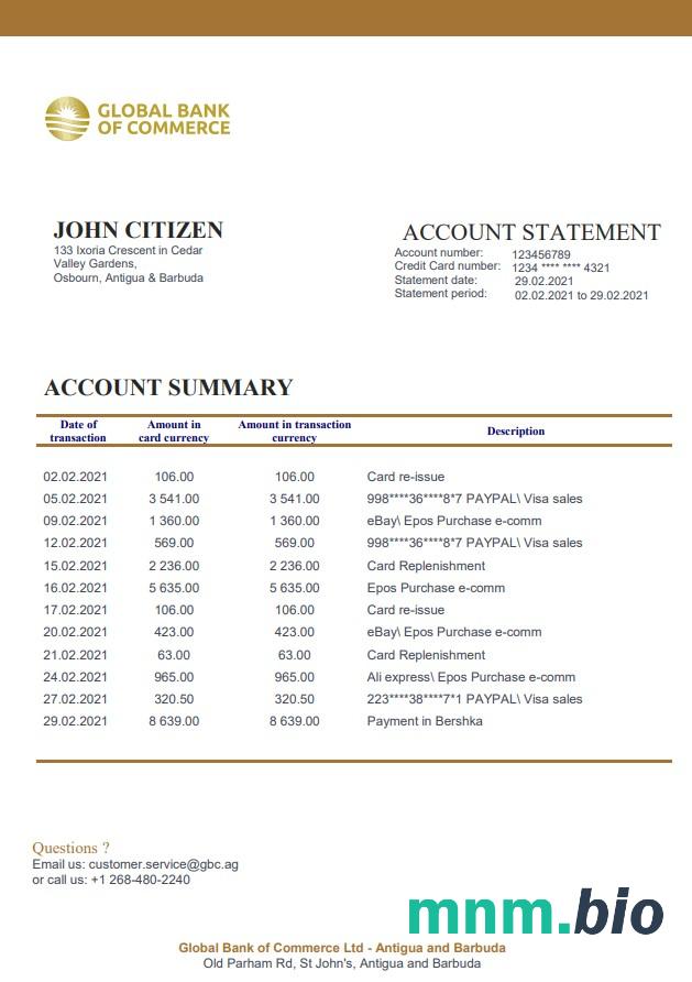 Antigua i Barbuda Meinl wyciąg bankowy Word i PDF szablon, 2 strony